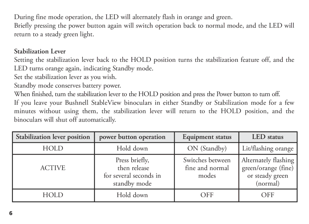 Bushnell 18-1035 manual Stabilization Lever, LED status, Then release 