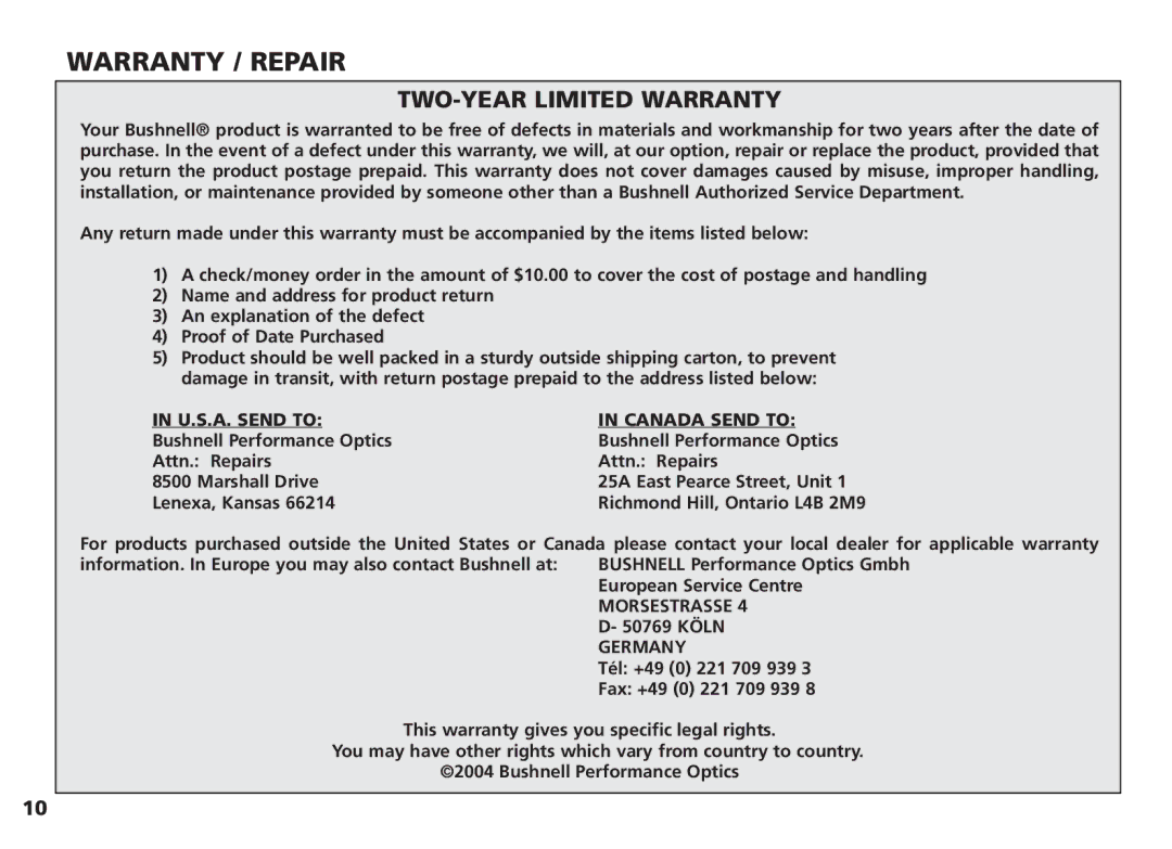 Bushnell 18-1035 manual Warranty / Repair, TWO-YEAR Limited Warranty 