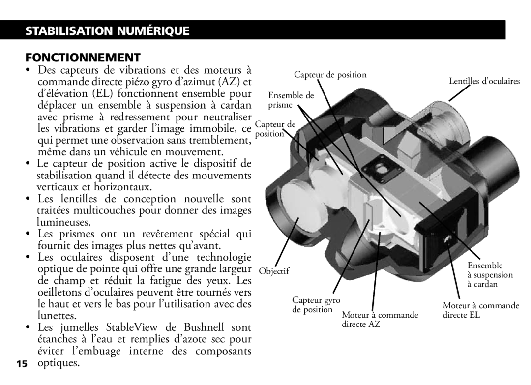 Bushnell 18-1035 manual Stabilisation Numérique, Fonctionnement, Optiques 