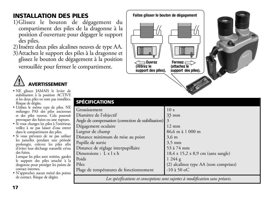 Bushnell 18-1035 manual Installation DES Piles, Avertissement, Spécifications 