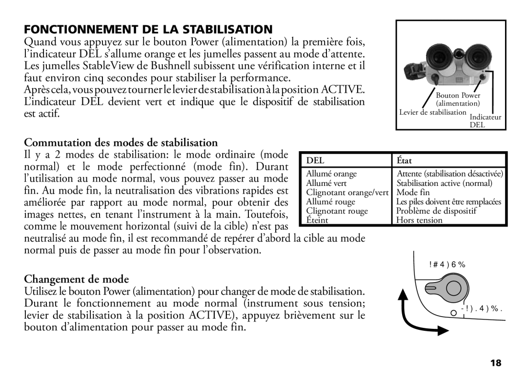 Bushnell 18-1035 manual Fonctionnement DE LA Stabilisation, Commutation des modes de stabilisation, Changement de mode, Del 