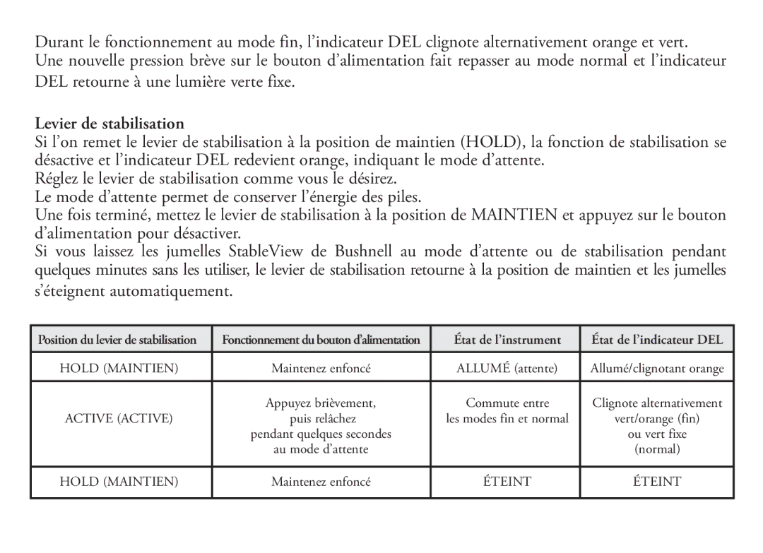 Bushnell 18-1035 manual Levier de stabilisation, État de l’instrument 