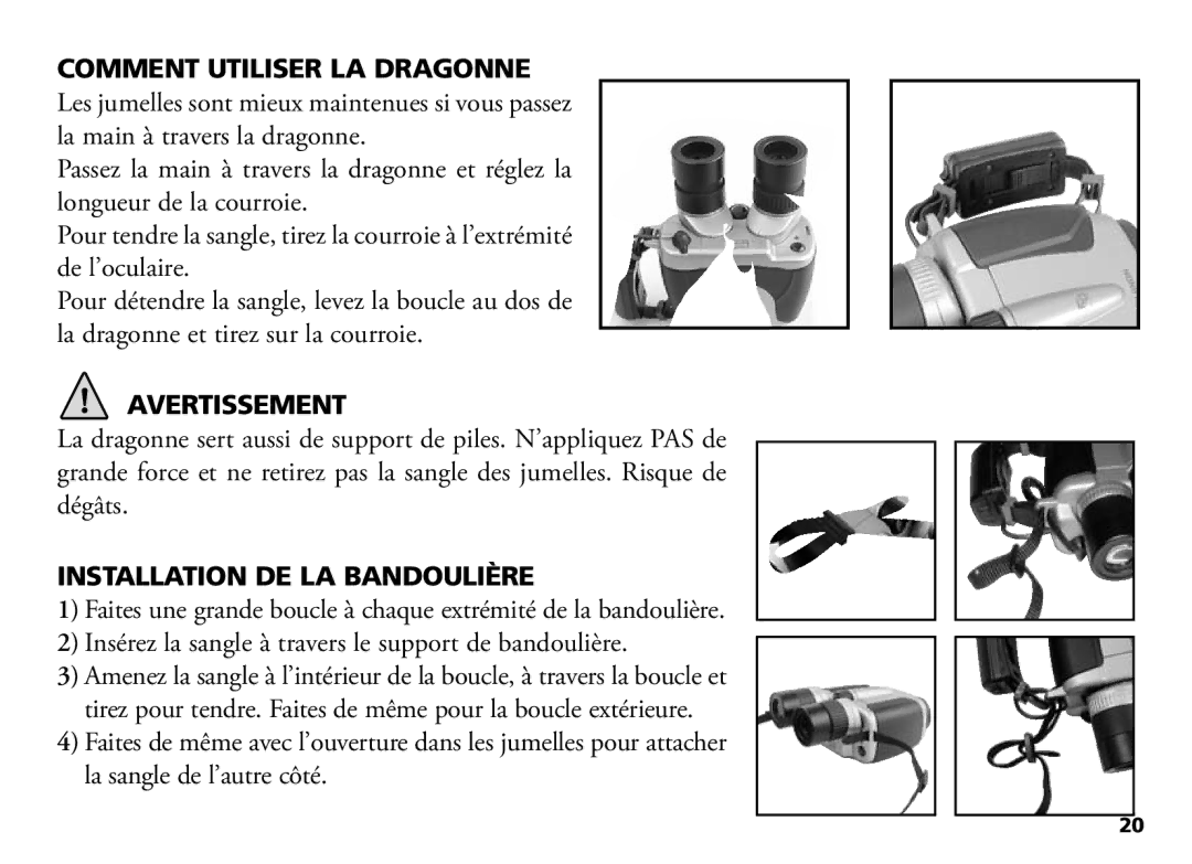 Bushnell 18-1035 manual Avertissement, Installation DE LA Bandoulière 