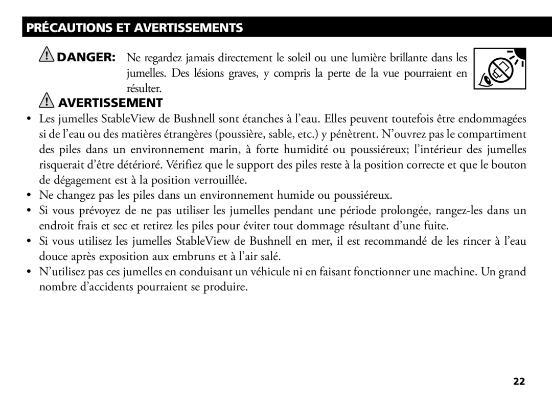 Bushnell 18-1035 manual Précautions ET Avertissements 