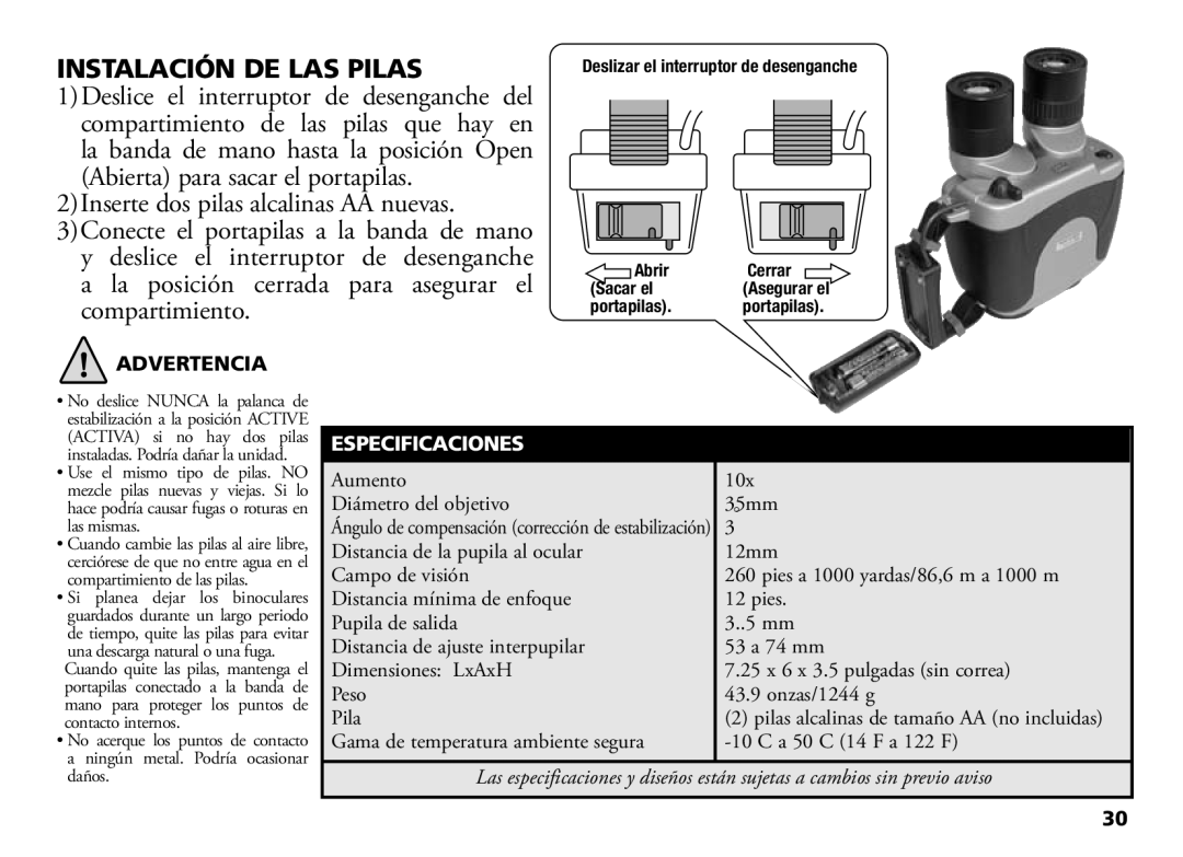 Bushnell 18-1035 manual Instalación DE LAS Pilas, Advertencia, Especificaciones 