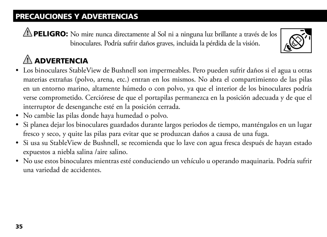 Bushnell 18-1035 manual Precauciones Y Advertencias, No cambie las pilas donde haya humedad o polvo 