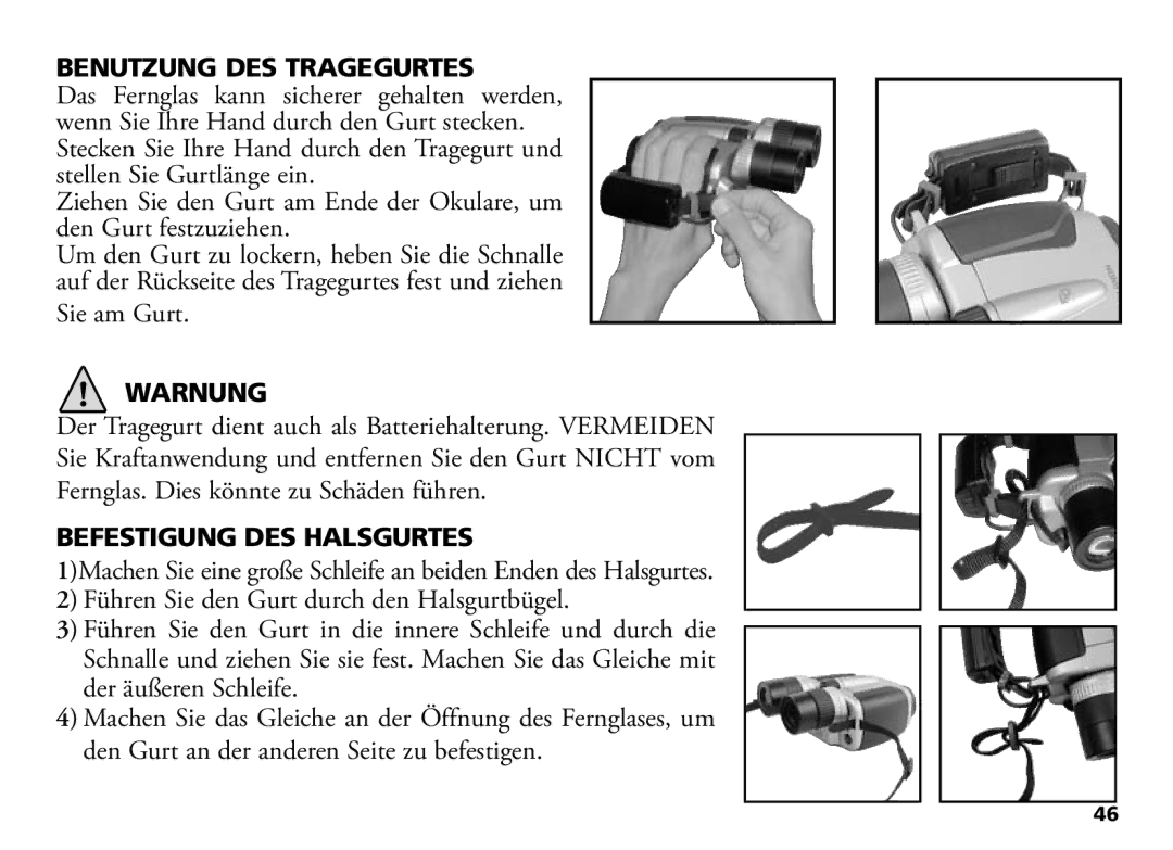 Bushnell 18-1035 manual Benutzung DES Tragegurtes, Warnung, Befestigung DES Halsgurtes 