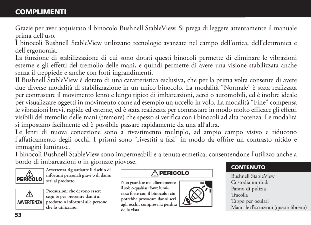 Bushnell 18-1035 manual Complimenti, Contenuto 