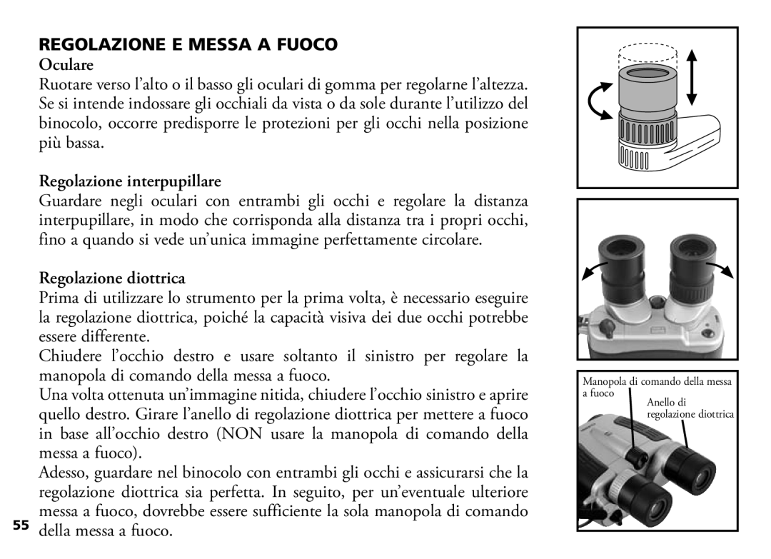 Bushnell 18-1035 manual Regolazione E Messa a Fuoco, Oculare, Regolazione interpupillare, Regolazione diottrica 