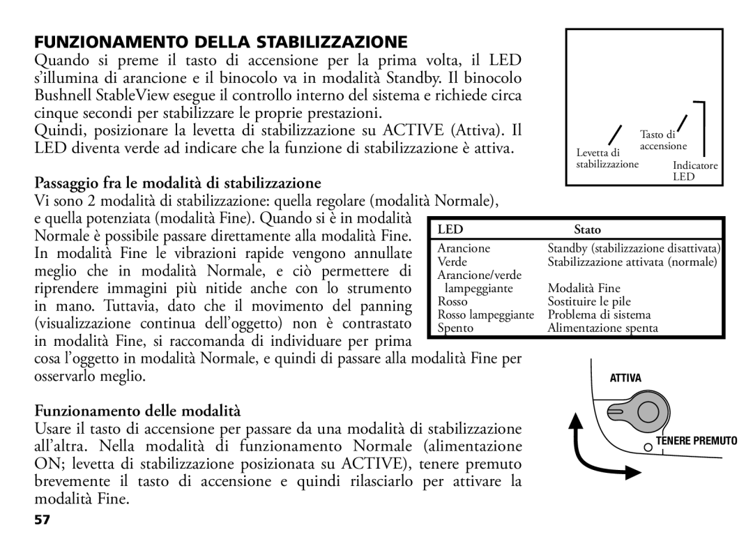 Bushnell 18-1035 manual Funzionamento Della Stabilizzazione, Osservarlo meglio, Funzionamento delle modalità 