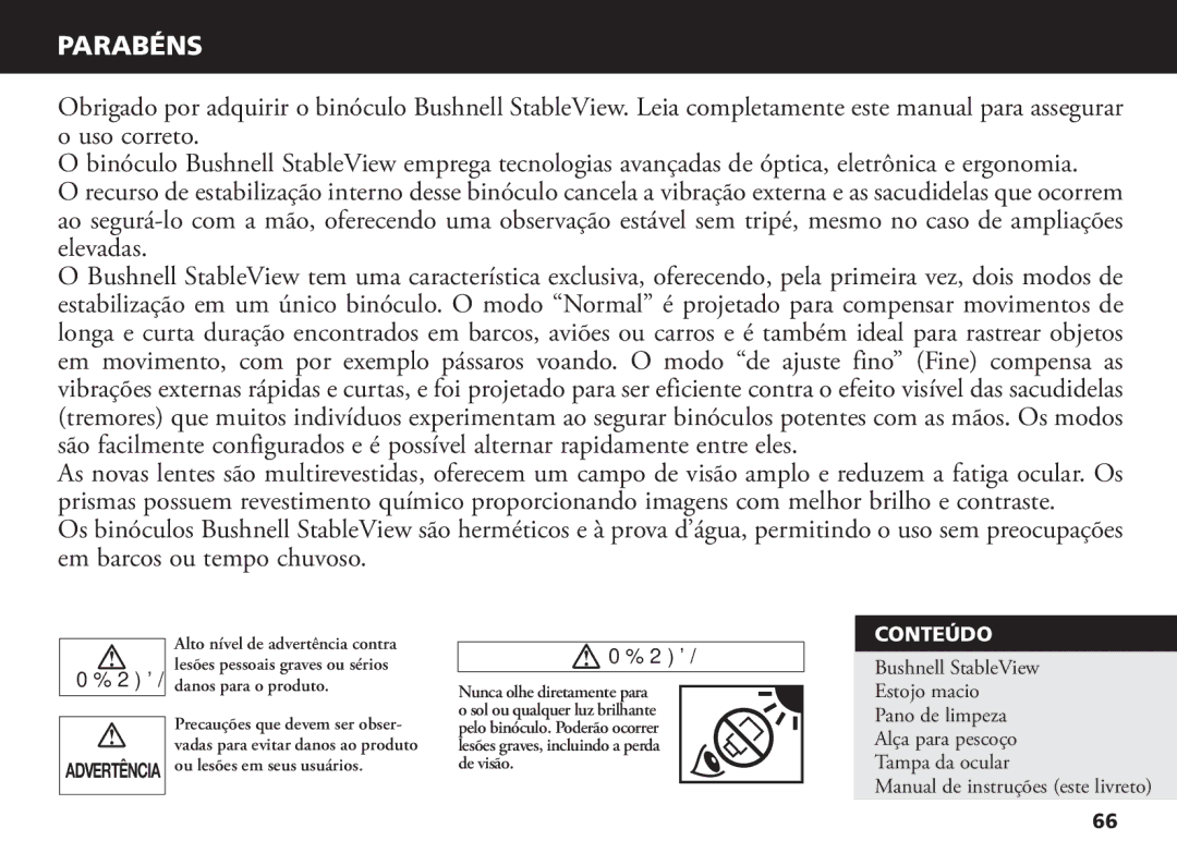 Bushnell 18-1035 manual Parabéns, Conteúdo 