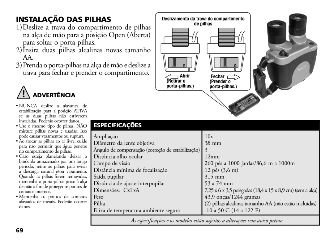 Bushnell 18-1035 manual Instalação DAS Pilhas, Insira duas pilhas alcalinas novas tamanho AA, Advertência, Especificações 