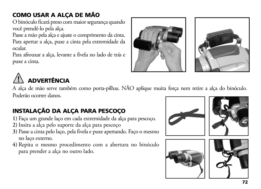 Bushnell 18-1035 manual Como Usar a Alça DE MÃO, Advertência, Instalação DA Alça Para Pescoço 