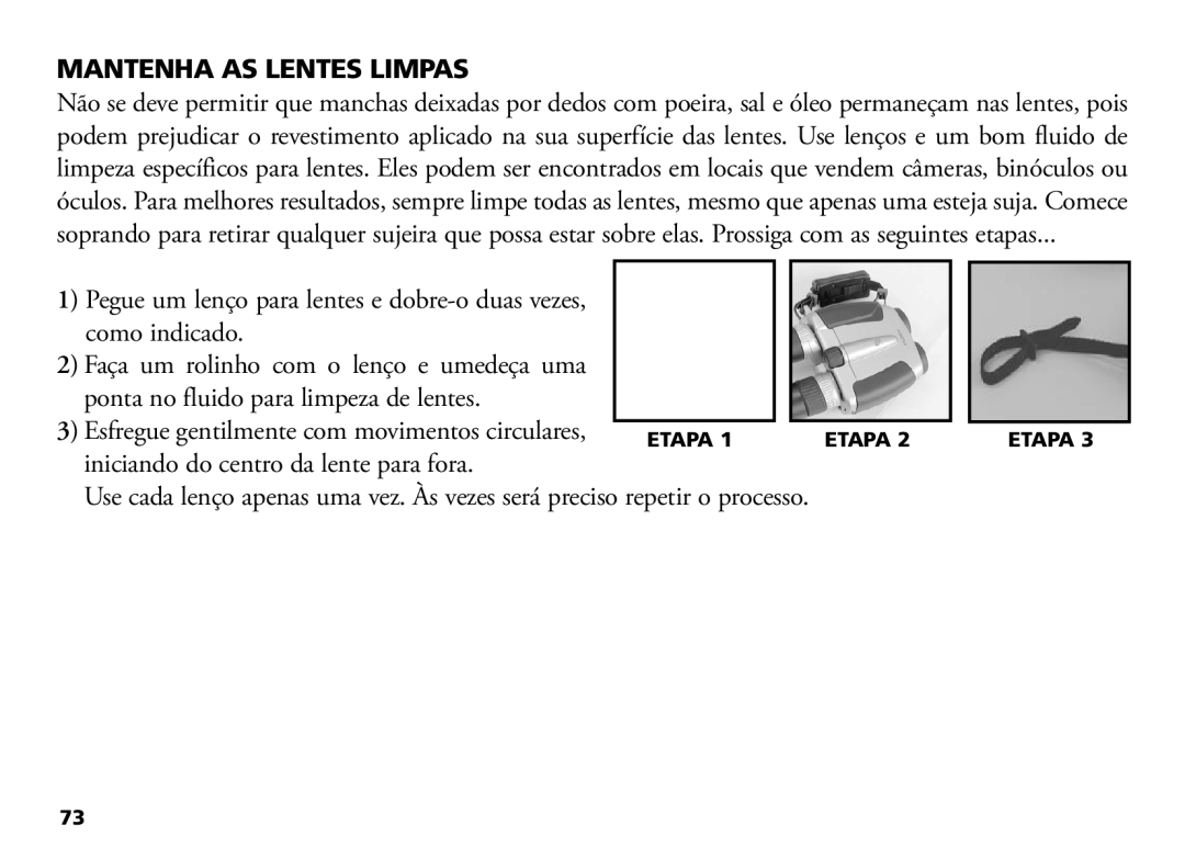 Bushnell 18-1035 manual Mantenha AS Lentes Limpas, Etapa 