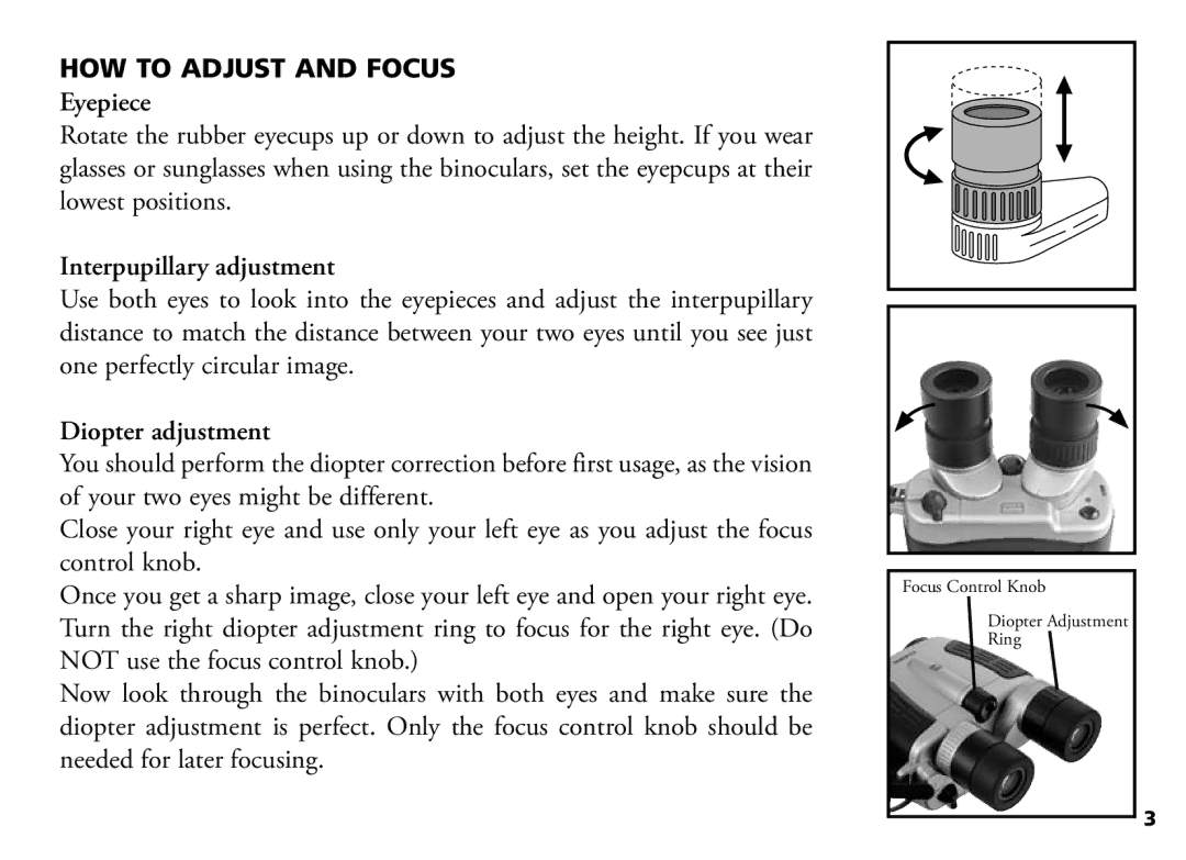 Bushnell 18-1035 manual HOW to Adjust and Focus, Eyepiece, Interpupillary adjustment, Diopter adjustment 