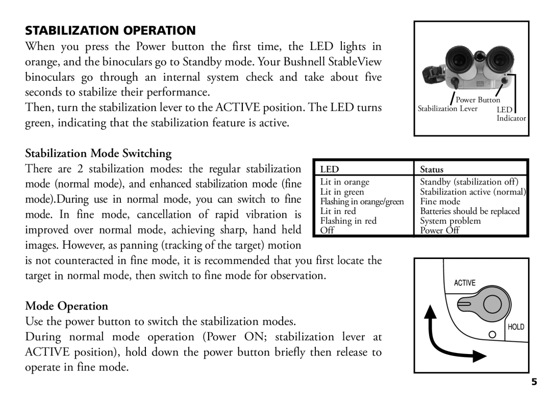 Bushnell 18-1035 manual Stabilization Operation, Stabilization Mode Switching, Mode Operation, Led 