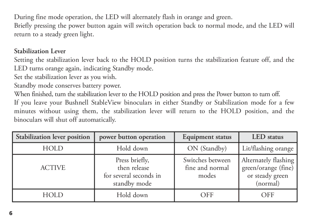 Bushnell 18-1035 manual Stabilization Lever, LED status, Then release 
