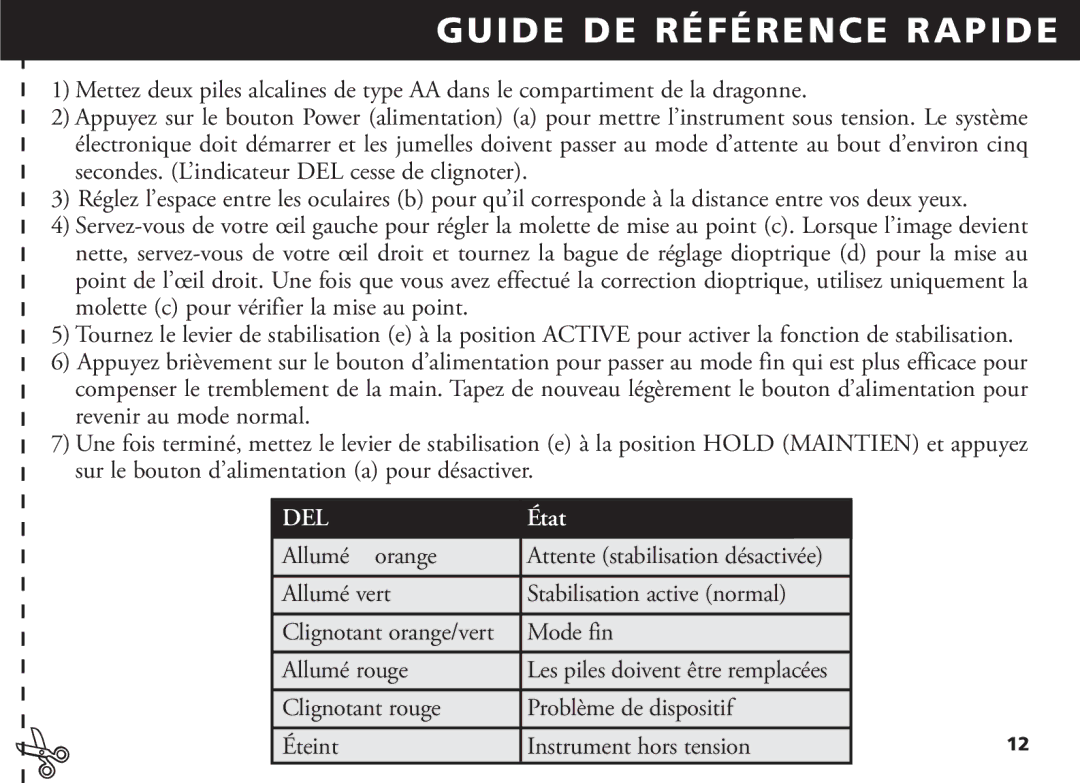 Bushnell 18-1035 manual Del, Allumé orange, Allumé vert Stabilisation active normal, Mode fin, Allumé rouge 