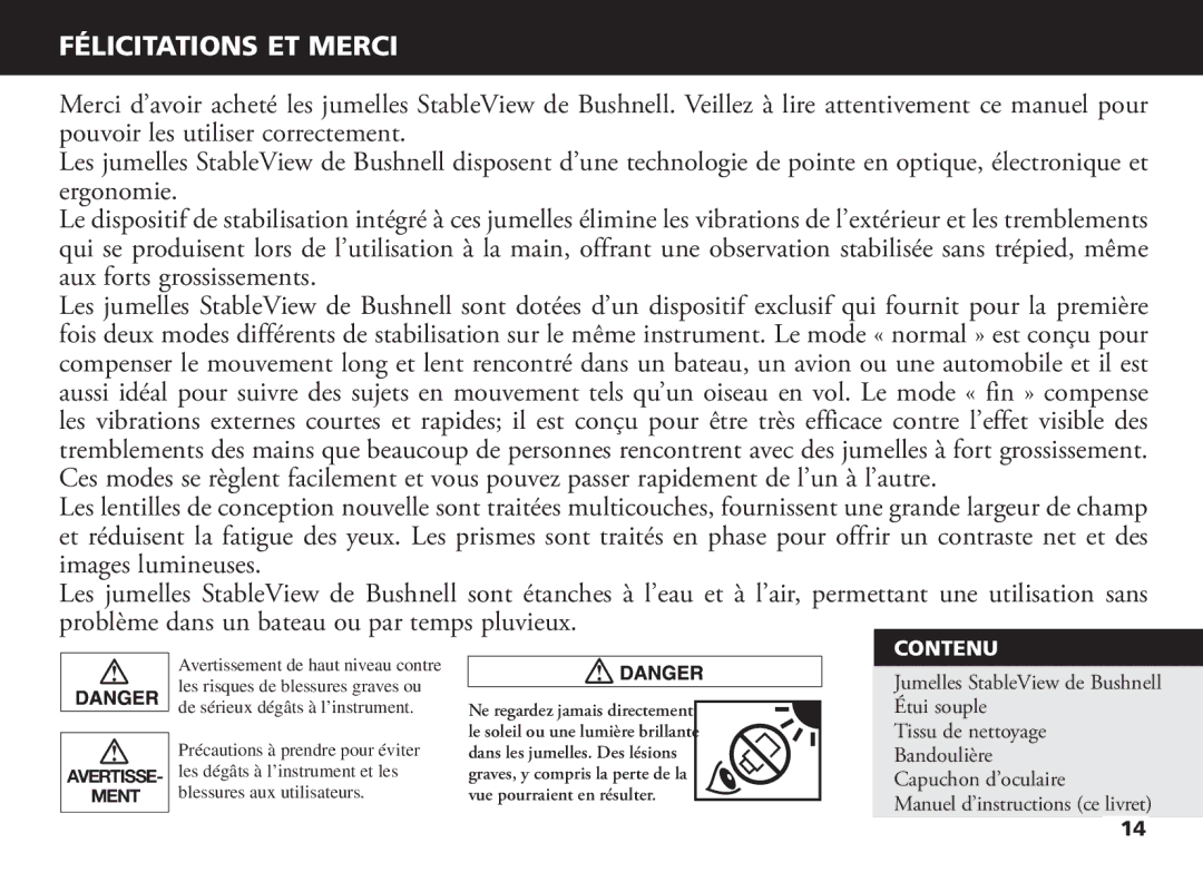 Bushnell 18-1035 manual Félicitations ET Merci, Contenu 