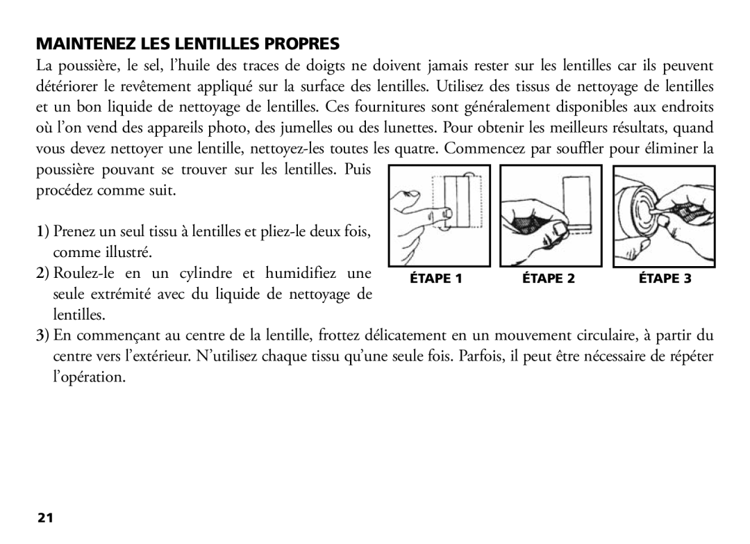 Bushnell 18-1035 manual Maintenez LES Lentilles Propres, Procédez comme suit, Étape 