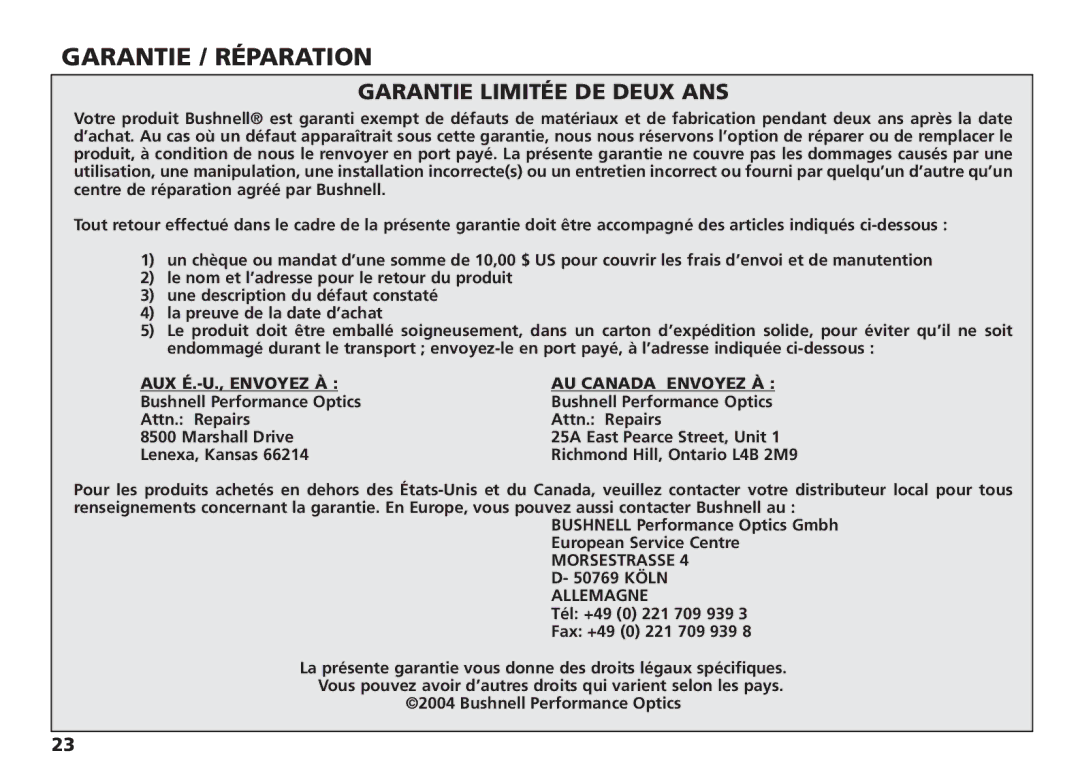 Bushnell 18-1035 manual Garantie / Réparation, Garantie Limitée DE Deux ANS 