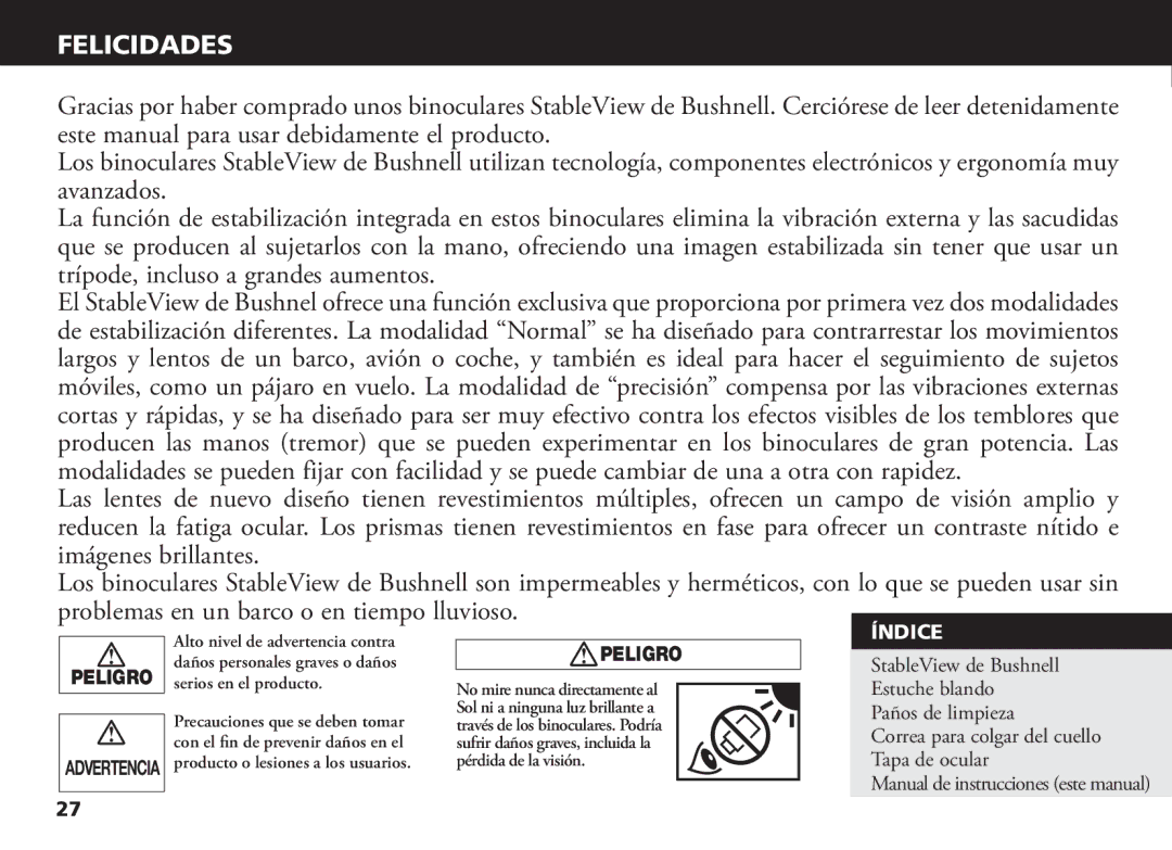 Bushnell 18-1035 manual Felicidades, Índice 