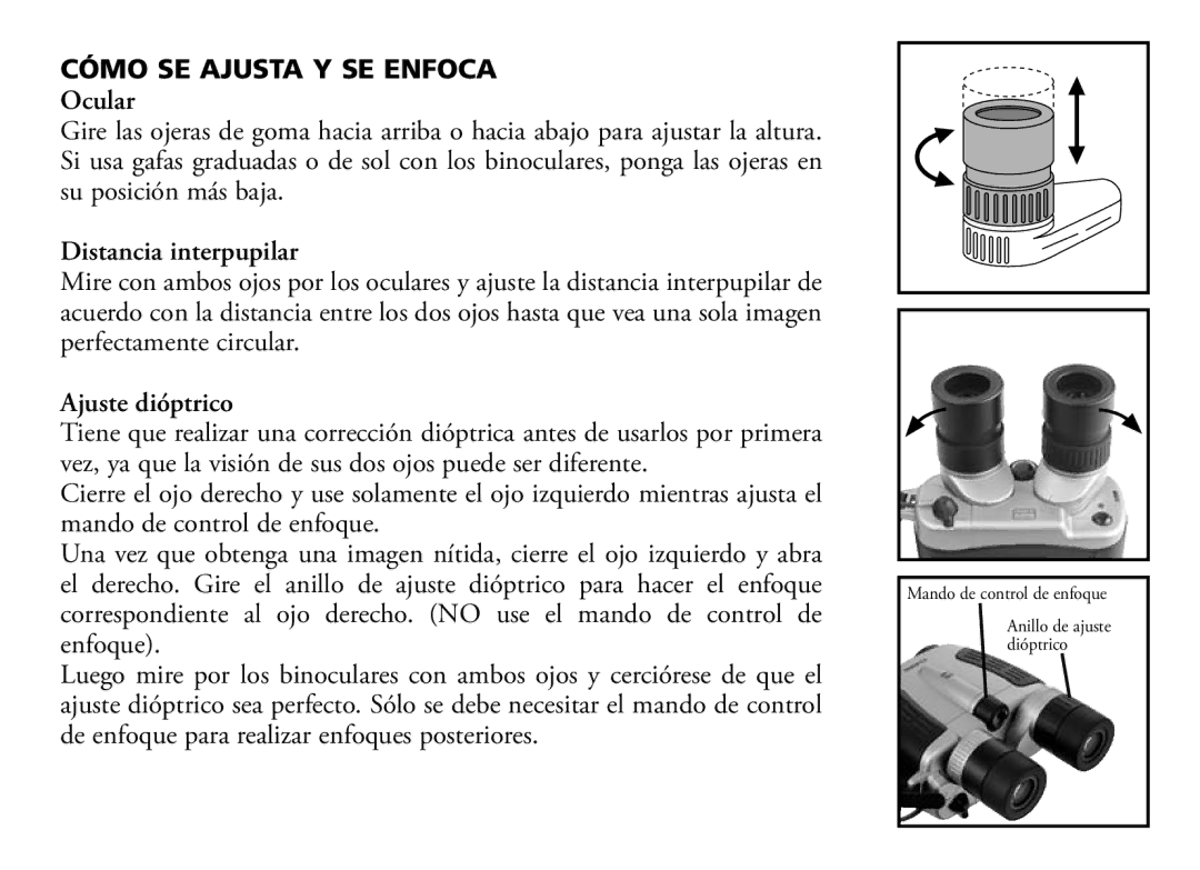 Bushnell 18-1035 manual Cómo SE Ajusta Y SE Enfoca, Ocular, Distancia interpupilar, Ajuste dióptrico 