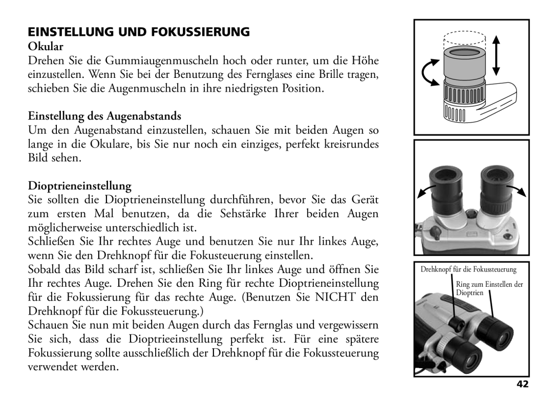 Bushnell 18-1035 manual Einstellung UND Fokussierung, Okular, Einstellung des Augenabstands, Dioptrieneinstellung 