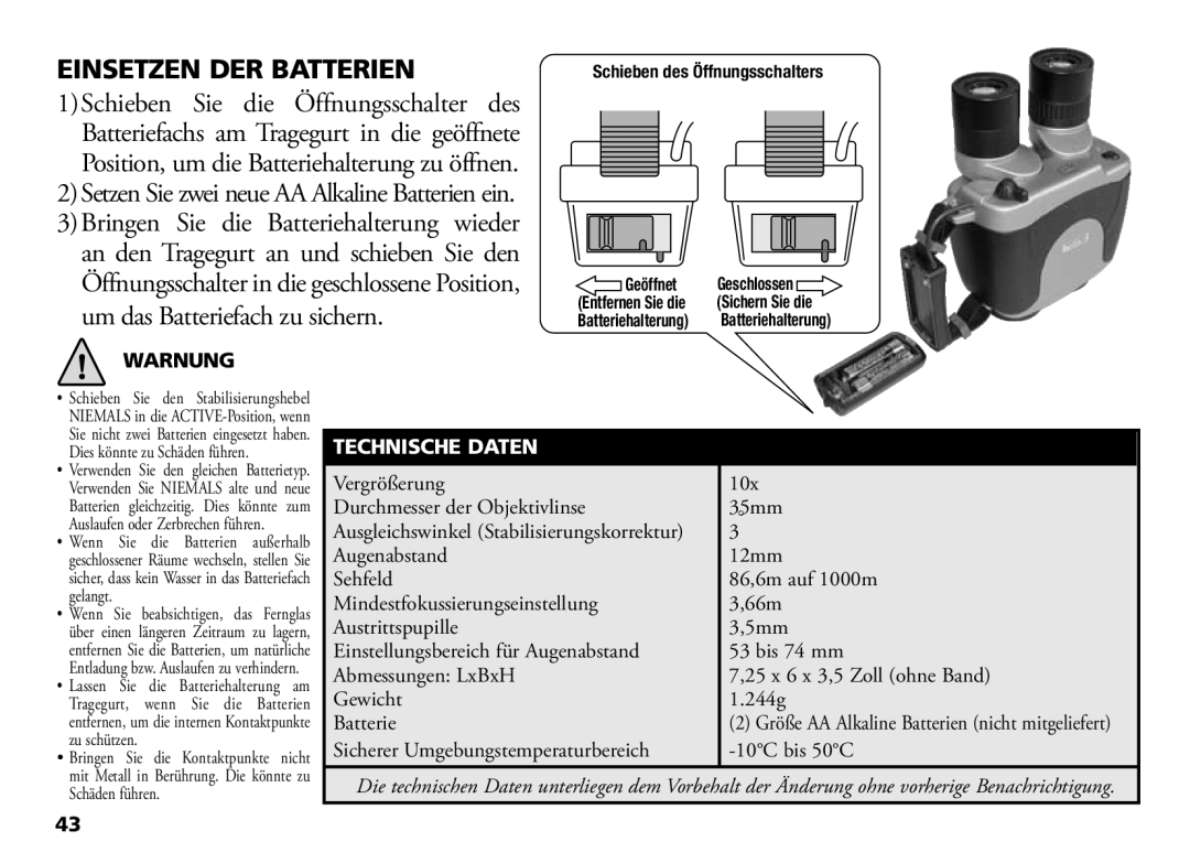 Bushnell 18-1035 manual Einsetzen DER Batterien, Warnung, Technische Daten 