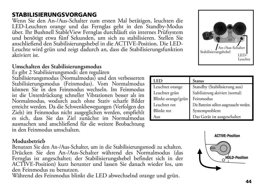 Bushnell 18-1035 manual Stabilisierungsvorgang, Umschalten des Stabilisierungsmodus, Modusbetrieb 