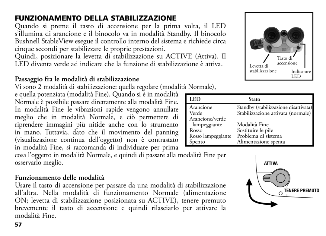 Bushnell 18-1035 manual Funzionamento Della Stabilizzazione, Osservarlo meglio, Funzionamento delle modalità 