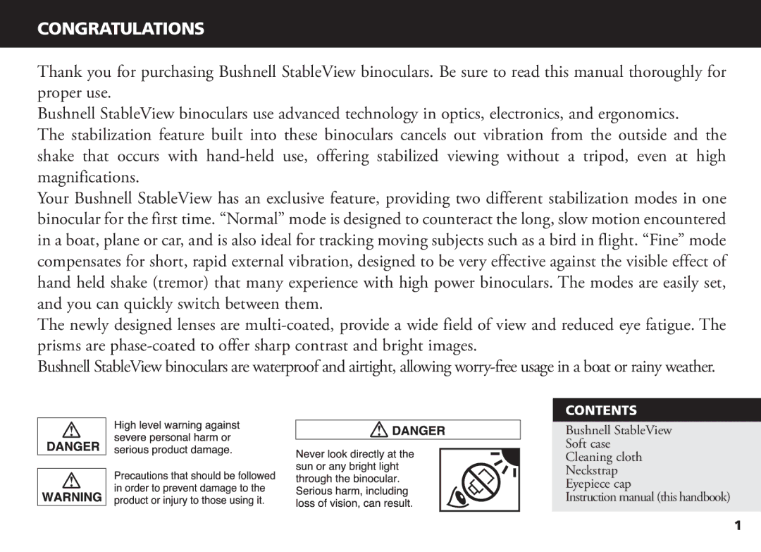 Bushnell 18-1035 manual Congratulations, Contents 