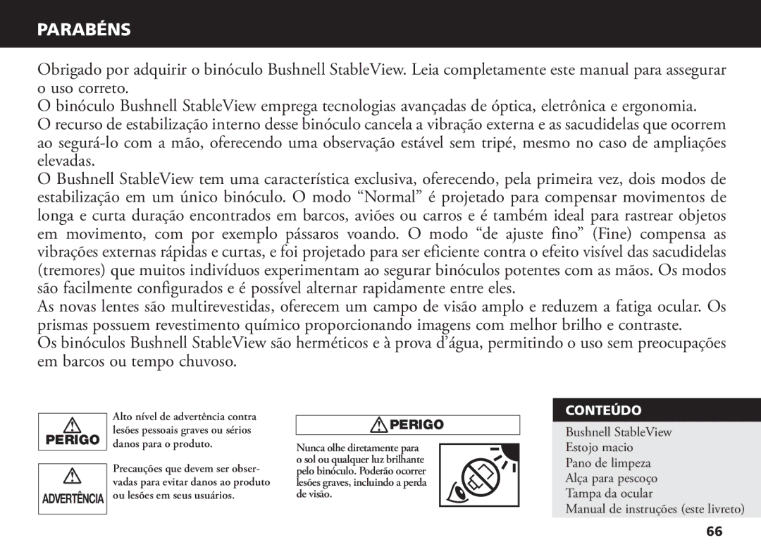 Bushnell 18-1035 manual Parabéns, Conteúdo 