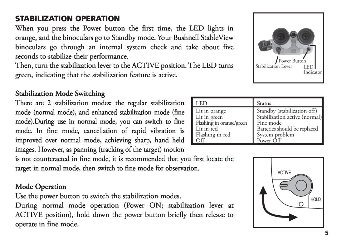 Bushnell 18-1035 manual Stabilization Operation, Stabilization Mode Switching, Mode Operation, operate in fine mode 