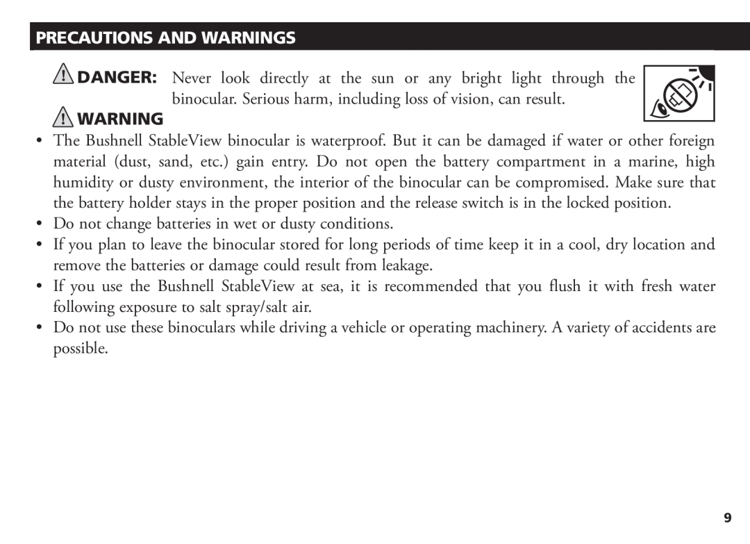 Bushnell 18-1035 manual Precautions And Warnings 