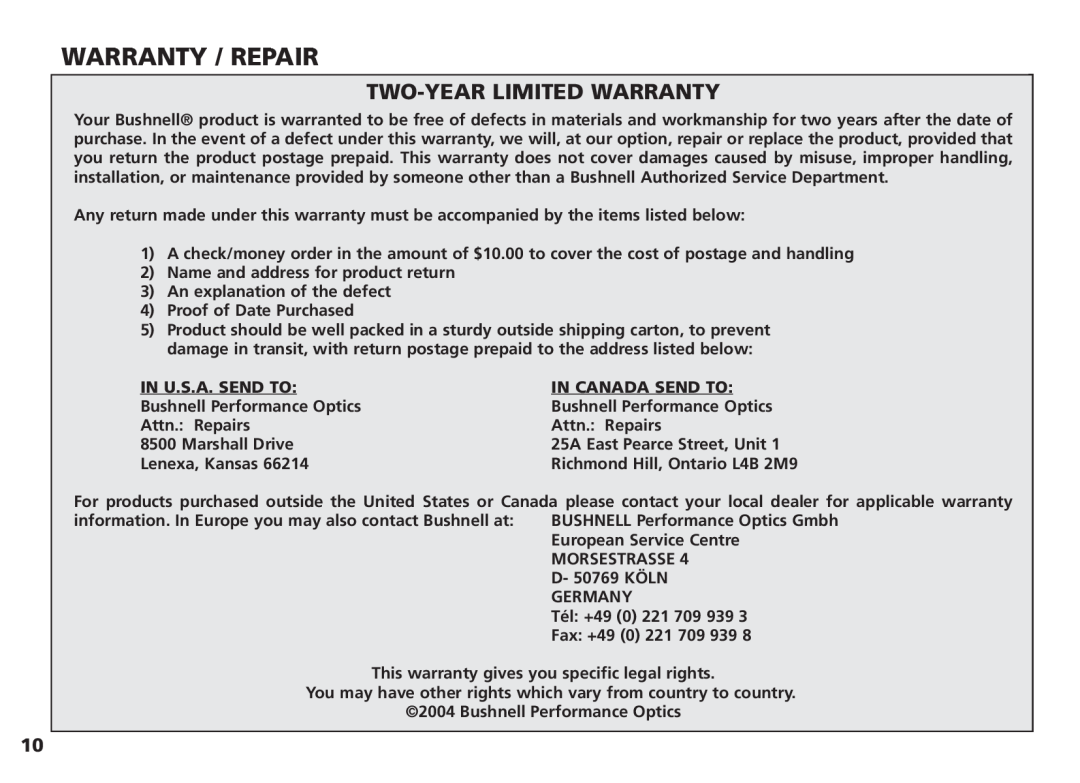 Bushnell 18-1035 manual Warranty / Repair, Two-Year Limited Warranty 