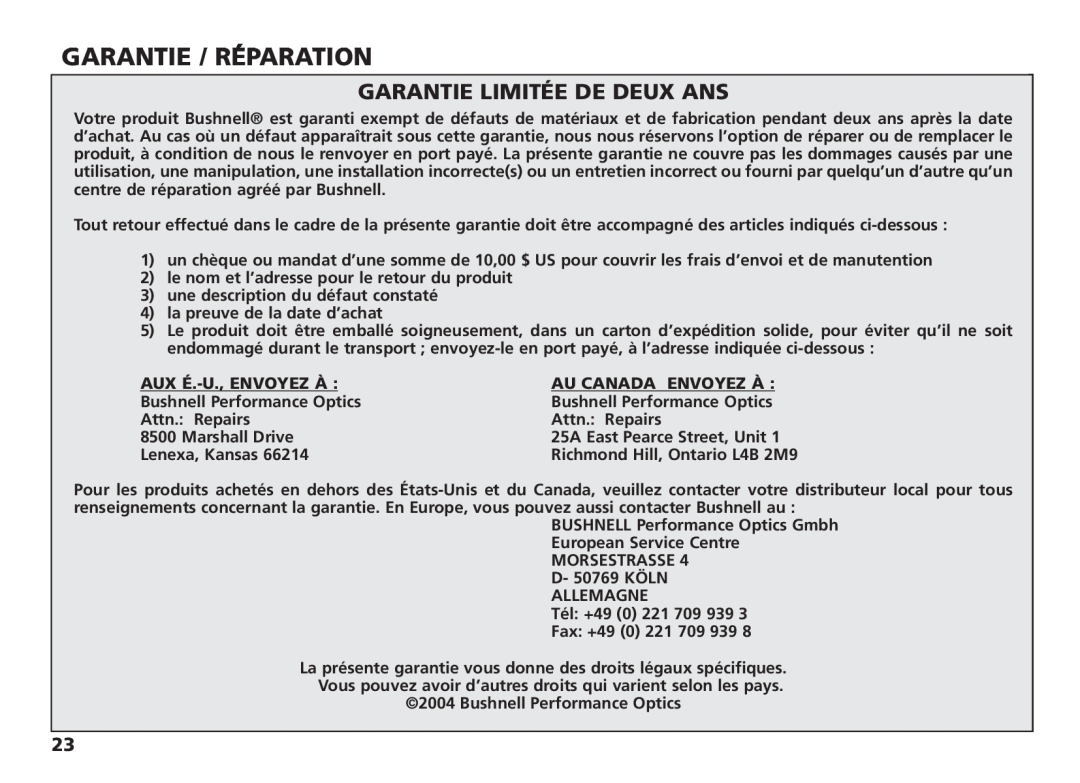 Bushnell 18-1035 manual Garantie / Réparation, Garantie Limitée De Deux Ans 