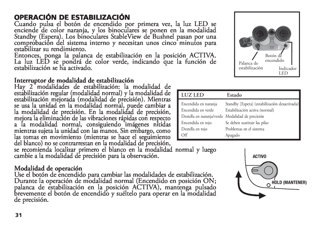 Bushnell 18-1035 manual Operación De Estabilización, Interruptor de modalidad de estabilización, Modalidad de operación 