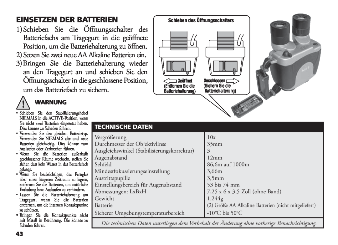 Bushnell 18-1035 manual Einsetzen Der Batterien, Setzen Sie zwei neue AA Alkaline Batterien ein, Warnung, Technische Daten 