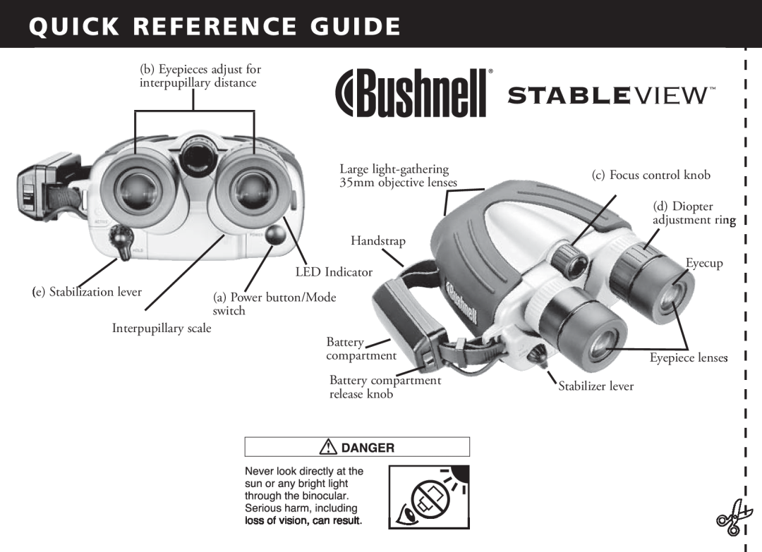 Bushnell 18-1035 manual Quick Reference Guide, Handstrap, e Stabil ization lever, a Power button/Mode, switch 