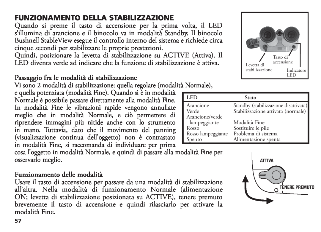 Bushnell 18-1035 manual Funzionamento Della Stabilizzazione, Funzionamento delle modalità 