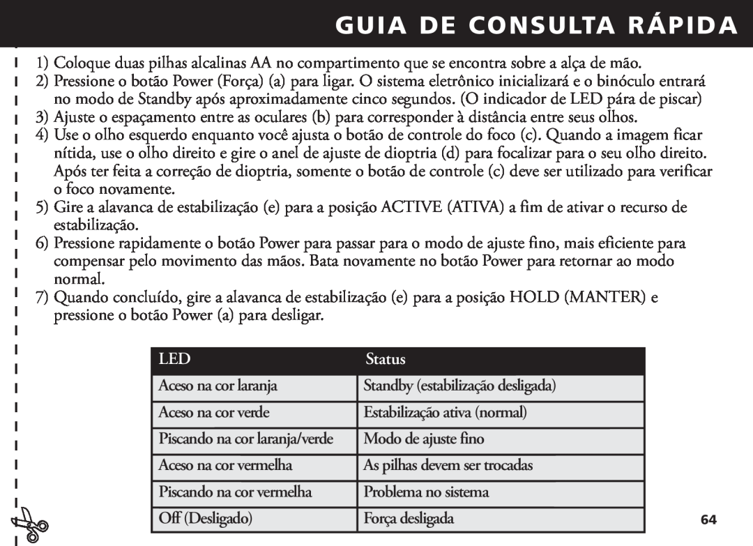 Bushnell 18-1035 manual Guia De Consulta Rápida, StatusArancione, Aceso na cor laranja, Standby estabilização desligada 