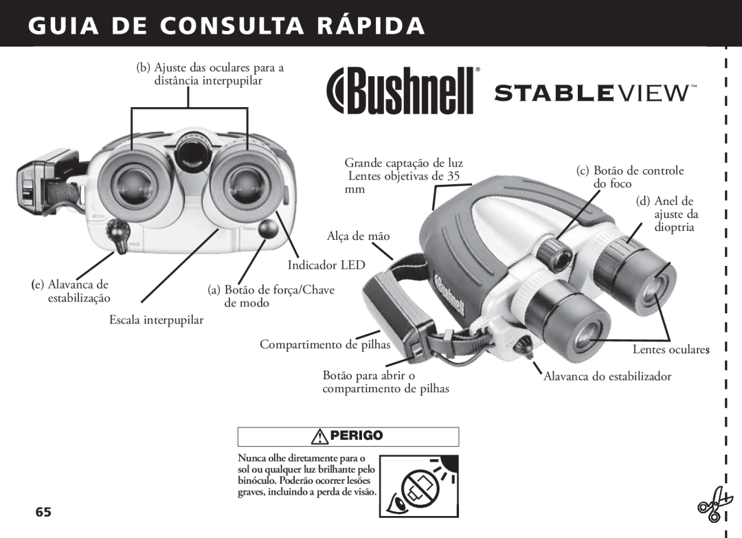 Bushnell 18-1035 manual Guia De Consulta Rápida, Escala interpupilar, Indicador LED, Compartimento de pilhas, Perigo 