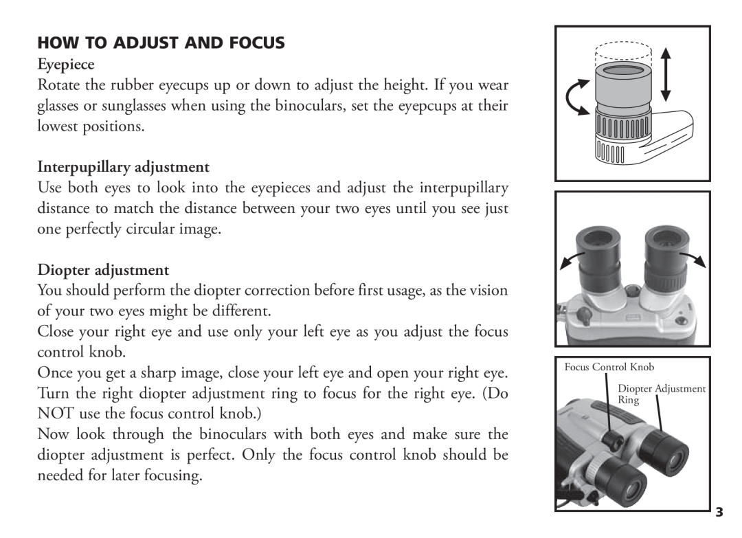 Bushnell 18-1035 manual HOW TO ADJUST AND FOCUS Eyepiece, Interpupillary adjustment, Diopter adjustment 