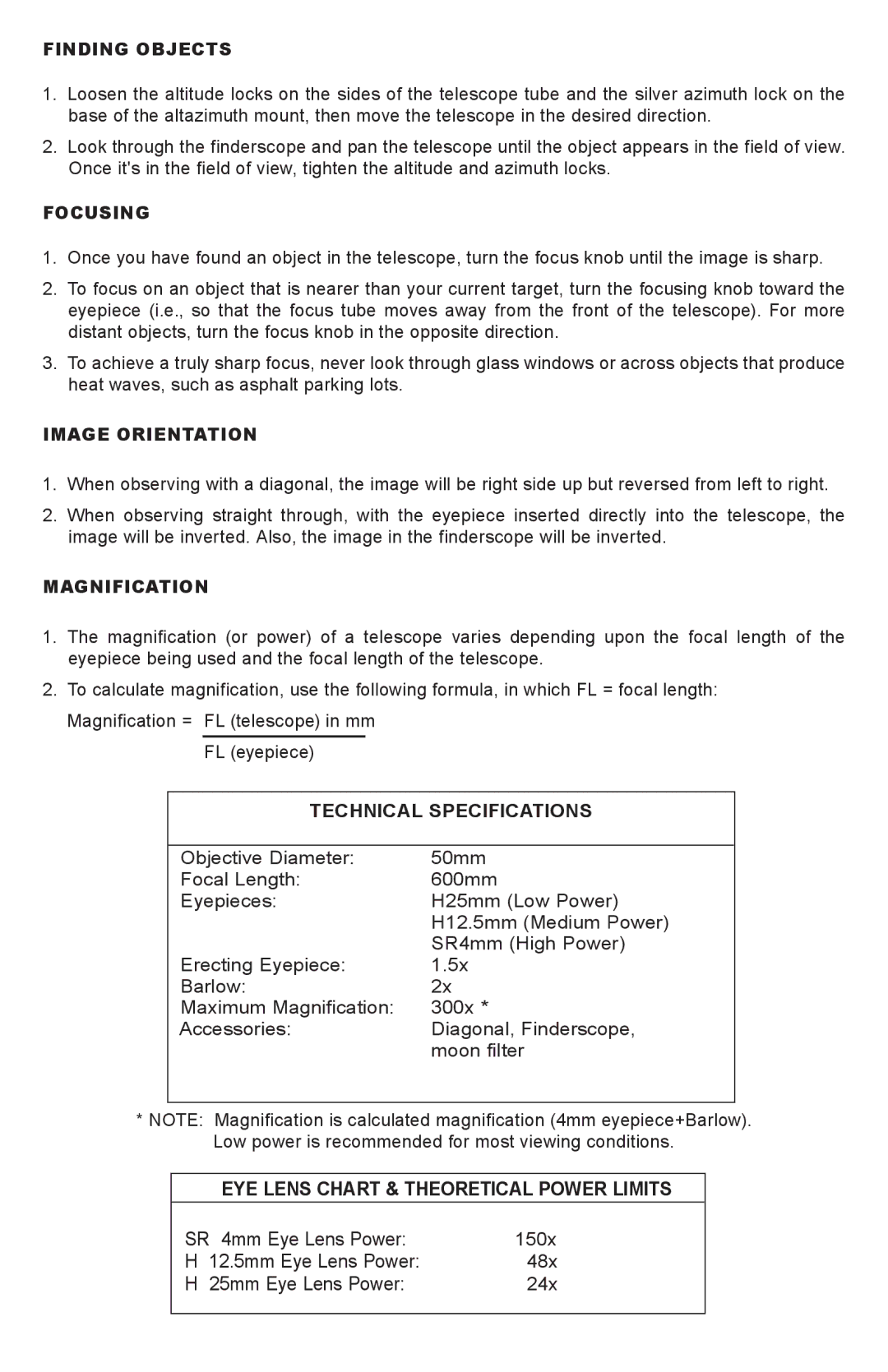 Bushnell 181561 instruction manual Finding Objects, Focusing, Image Orientation, Magnification, Technical Specifications 