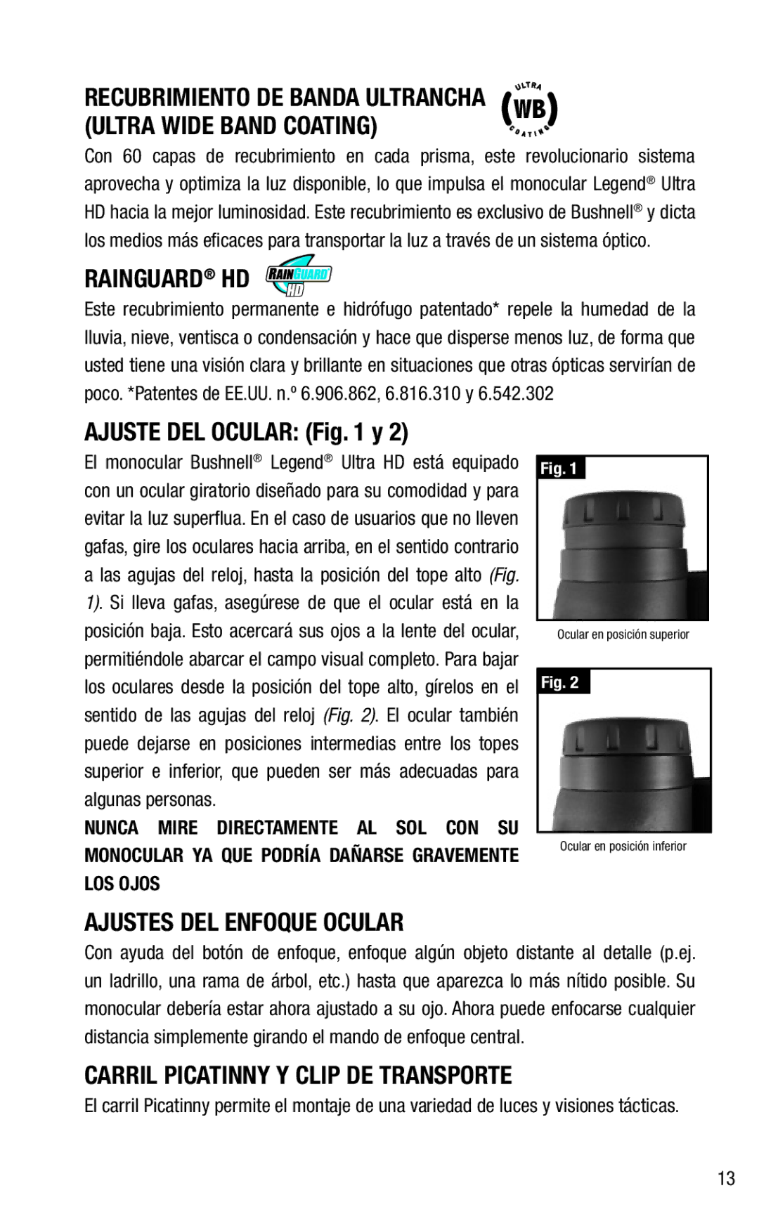 Bushnell 191144 instruction manual Ultra Wide Band Coating, Ajuste DEL Ocular y, Ajustes DEL Enfoque Ocular 