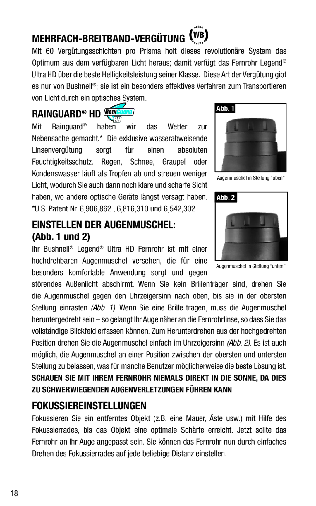 Bushnell 191144 instruction manual Mehrfach-Breitband-Vergütung Wb, Fokussiereinstellungen 