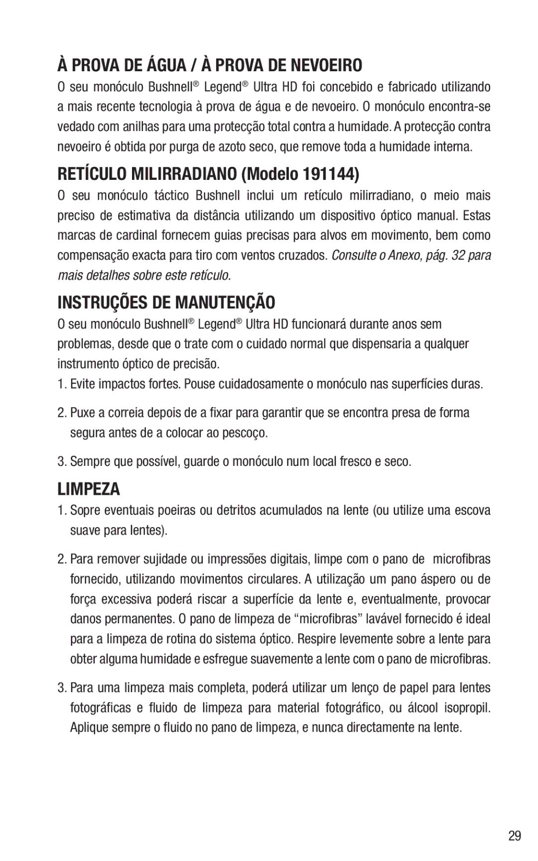 Bushnell 191144 Prova DE Água / À Prova DE Nevoeiro, Retículo Milirradiano Modelo, Instruções DE Manutenção, Limpeza 