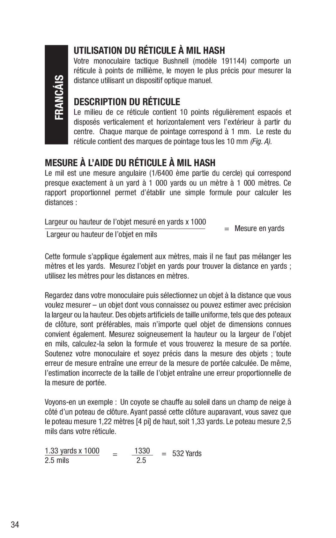 Bushnell 191144 Utilisation DU Réticule À MIL Hash, Description DU Réticule, Mesure À L’AIDE DU Réticule À MIL Hash 