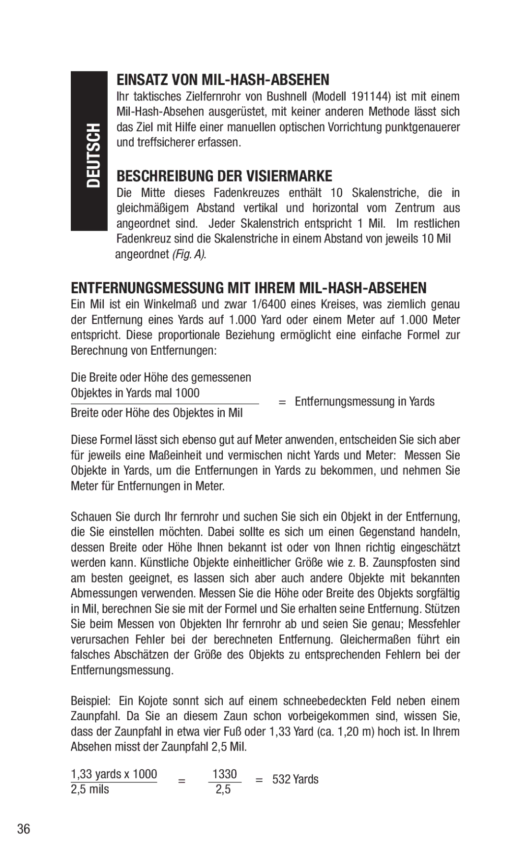 Bushnell 191144 Einsatz VON MIL-HASH-ABSEHEN, Beschreibung DER Visiermarke, Entfernungsmessung MIT Ihrem MIL-HASH-ABSEHEN 